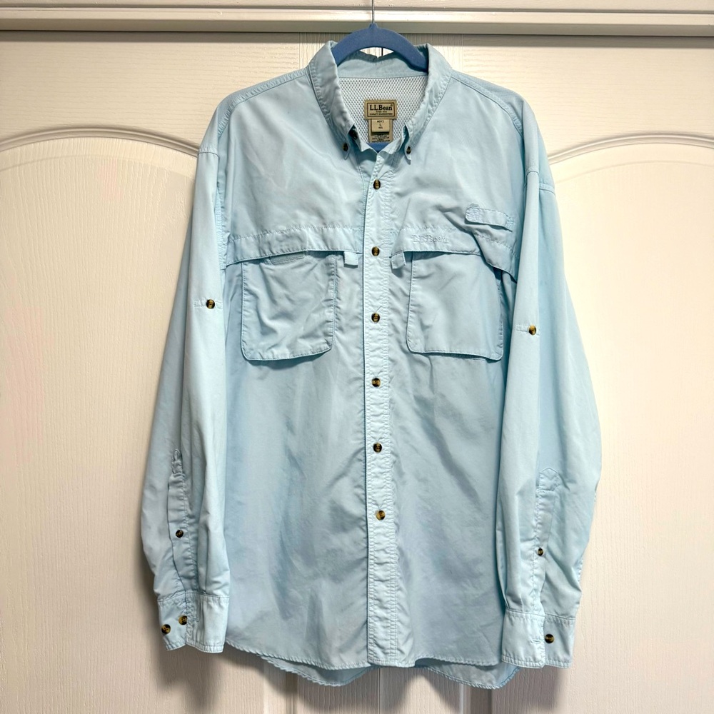 LL Bean Shirt Mens Large Blue Button Up Outdoor Fisher Fishing Long Sleeve Fish